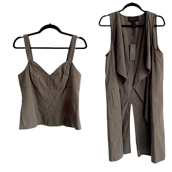 Bcbgmaxazria Olive Green 2-Pc Set Sleeveless Tank Top Sleeveless Long Vest 8 M - Picture 2 of 9